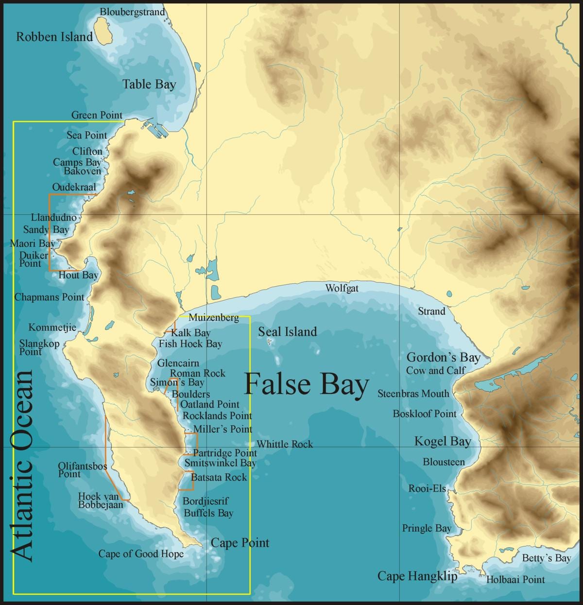 karta över false bay och Kapstaden
