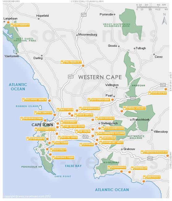karta över Cape Town golfbanor 