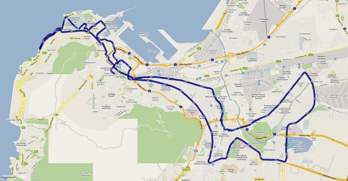 karta över Cape Town maratonsträckan