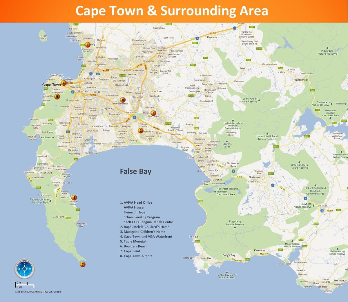 karta över Cape Town & omgivande områden