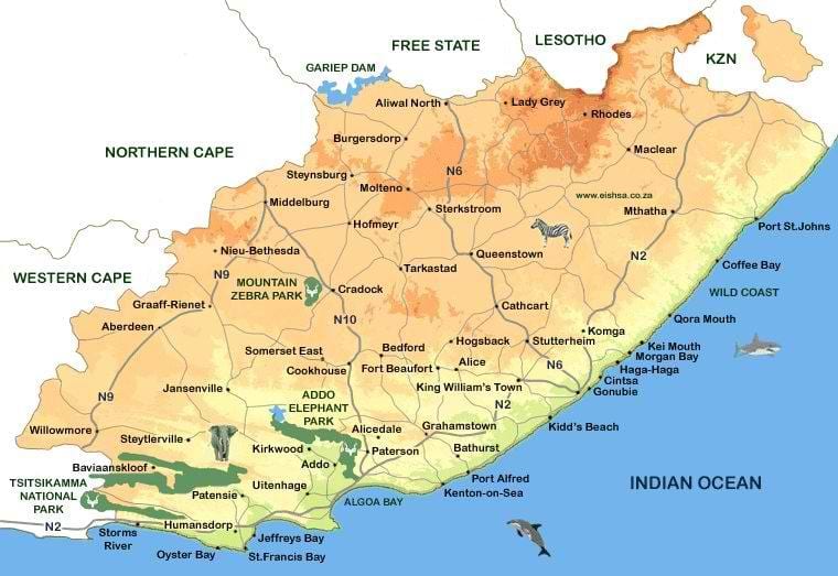karta över eastern Cape Towns