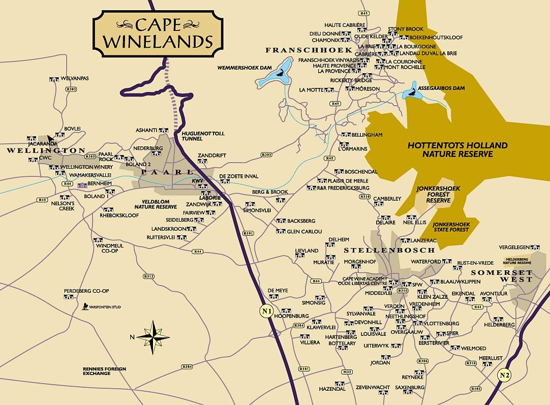 karta över Cape winelands Stan